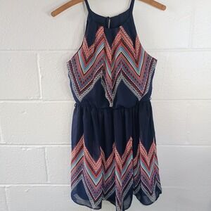 BY & BY Navy Blue Red Chevron Short Chiffon Halter Dress Women's SMALL *No Belt*